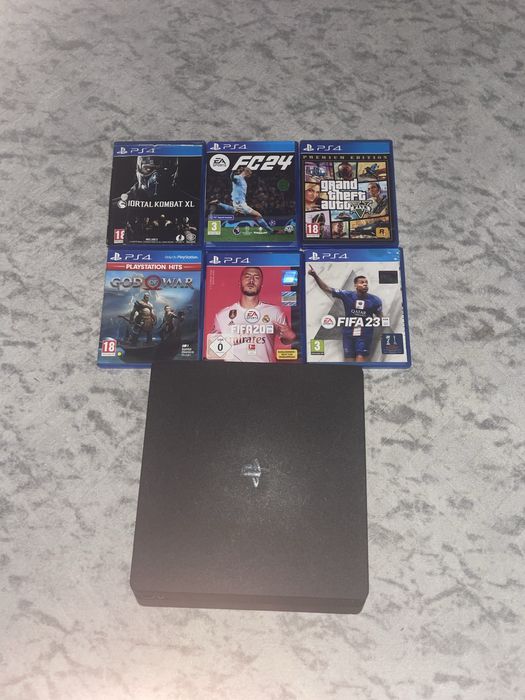 PS4 Slim + 6 jocuri + cablu – stare bună, preț negociabil