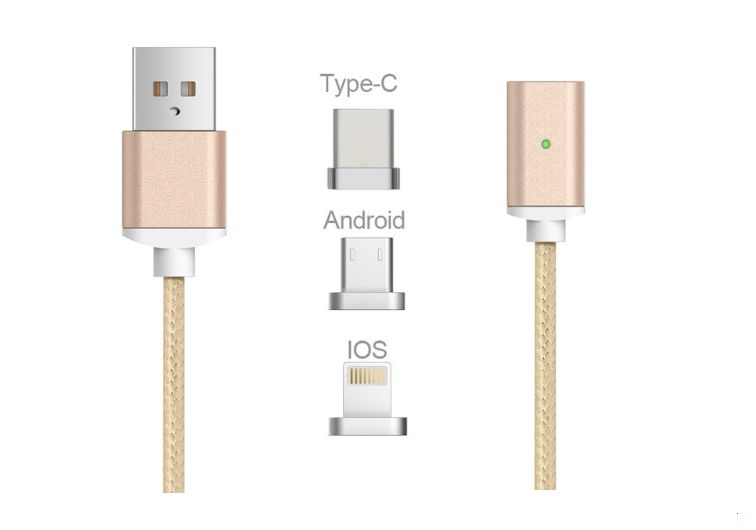 Магнитен кабел за телефон 1 метър. Накрайници micro USB TypeC iOS.