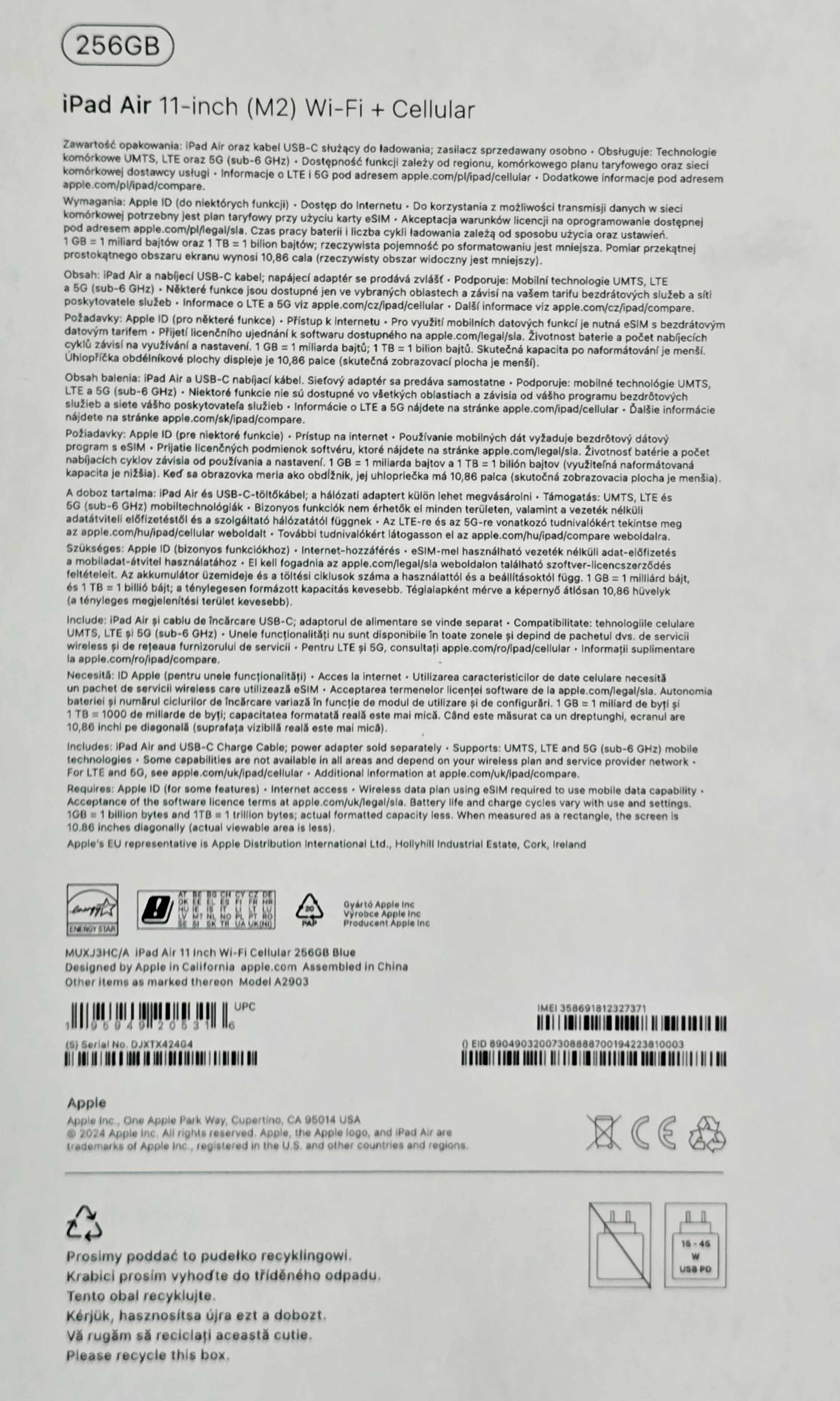 iPad Air 11" (2024), M2, 256GB, Cellular, Blue, noua