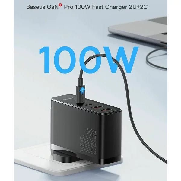 Incarcator rapid Baseus GaN5, 2x USB-C 2x USB 100W cablu USB-C inclus