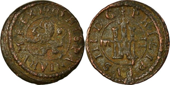 Moneda Spain, Philip III, 2 Maravedis, 1603, Cuenca, Bronze