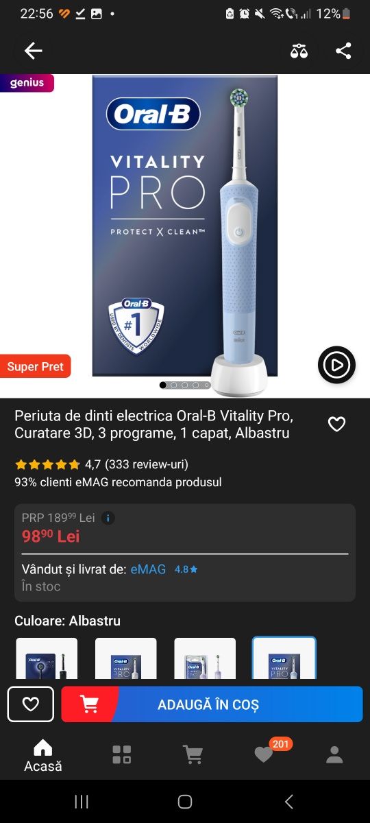 Periuta de dinti electrica Oral-B Vitality Pro, Curatare 3D, 3 program