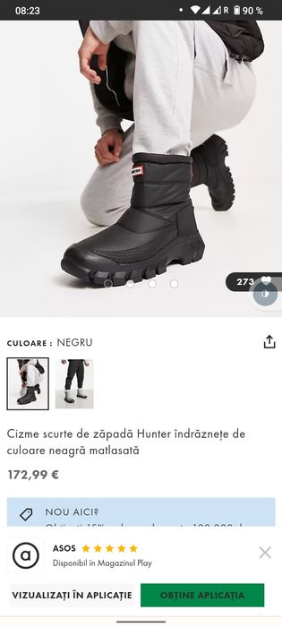 Cizme scurte de zăpadă Hunter de culoare neagră matlasată