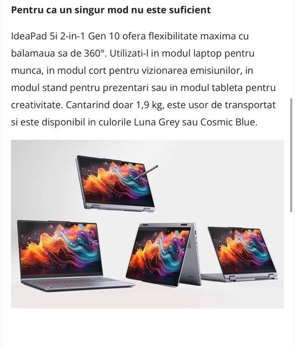 Laptop lenovo ideapad 5 2 in 1 , procesor intel core ultra 5