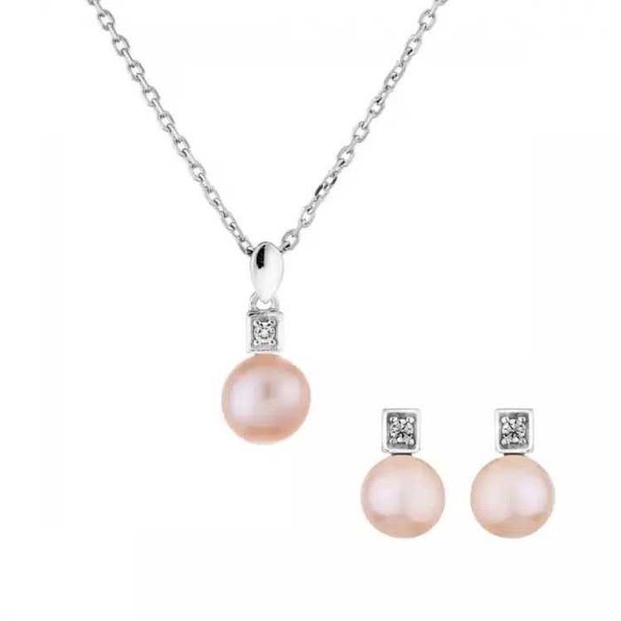 Колие и обеци - Сребърен комплект с розови перли