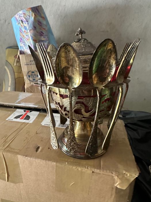 Сребърен лъжичник с червен кристал. Египет сребро. 50те години