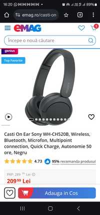 Casti On Ear Sony WH-CH520B, Wireless, Bluetooth, Microfon, Multipoint