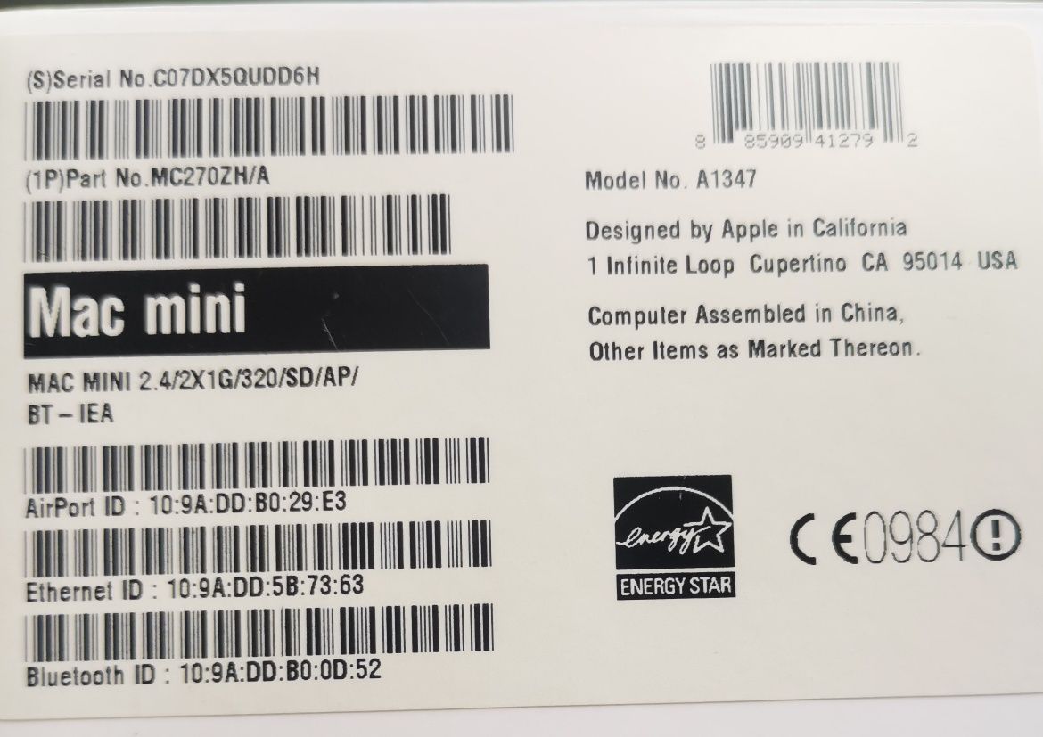 Mac mini model A1347