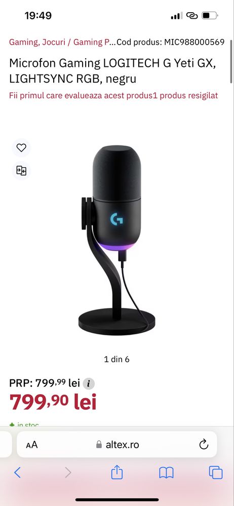 Microfon Gaming LOGITECH G Yeti GX, LIGHTSYNC RGB, negru sigilat