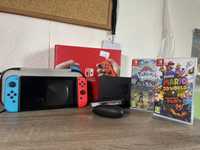 Nintendo Switch + калъф, протектор и две игри