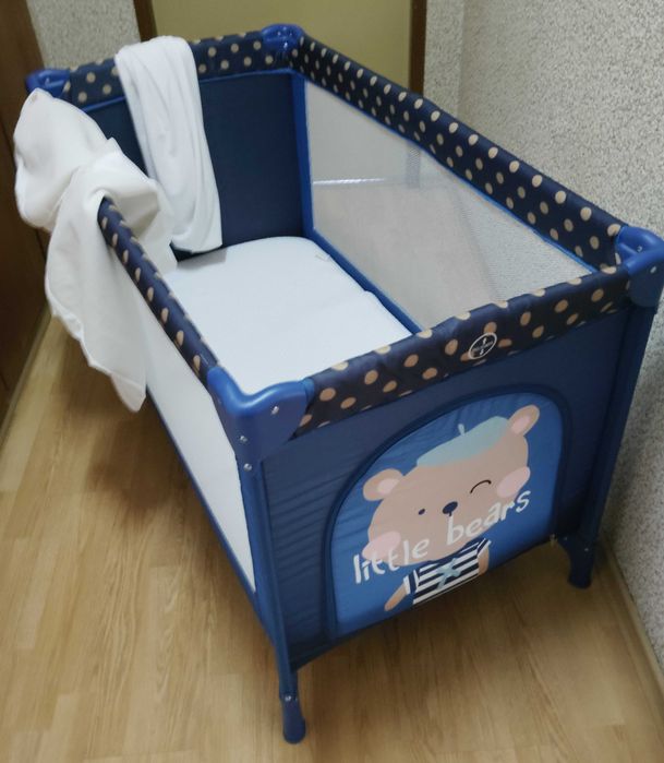 Сгъваема Бебешка кошара на две нива Kikka Boo Blue Bear + матрак