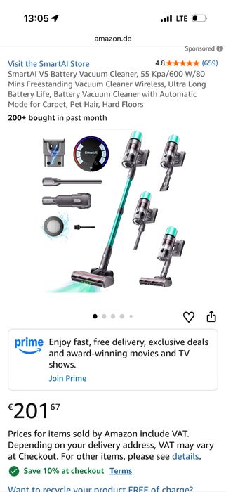 Нова SmartAI V5  безжична прахосмукачка, 55 Kра/600 W/80 мин.