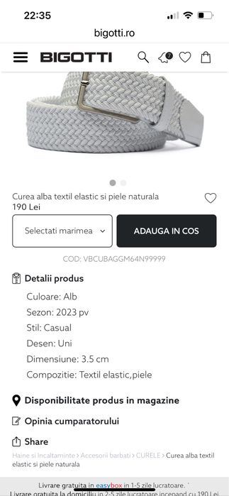 Curea Bigotti noua alba 125 cm