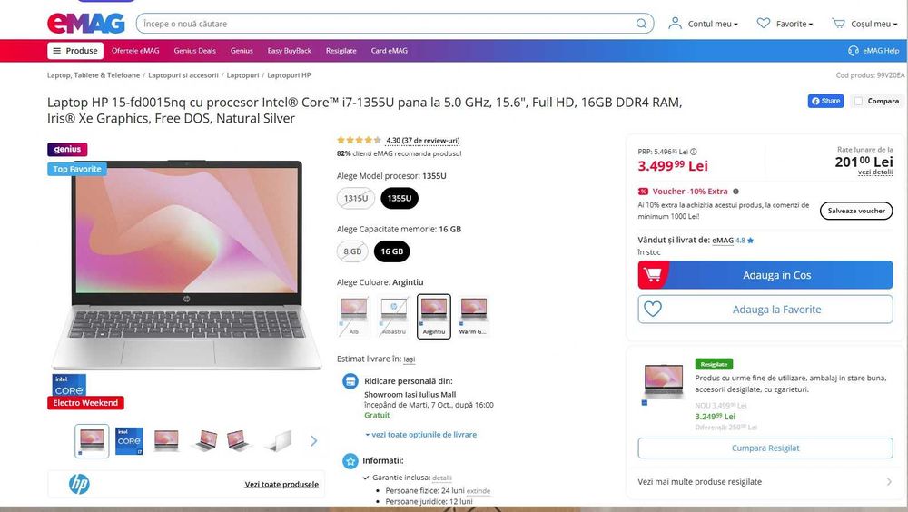Laptop HP 15-fd0015nq ,Intel Core i7-1355U , 16 gb ram , sigilat ,nou