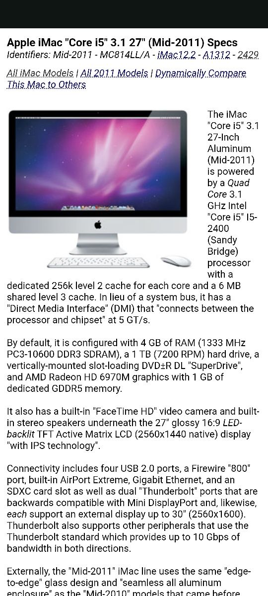 Apple iMac 27 mid 2011 Core i5 3.1 GHz