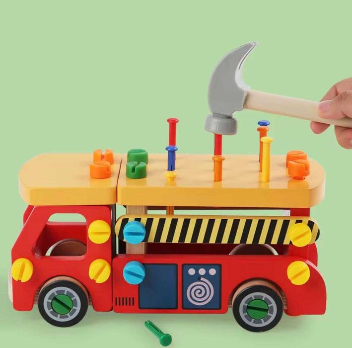 Camion din lemn cu șuruburi și unelte pt copii 2 ani + | dennstore.ro