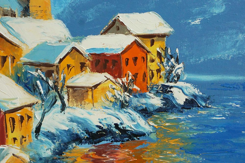 "Слънчева зима" Картина 70х50см, Маслена живопис с шпакла