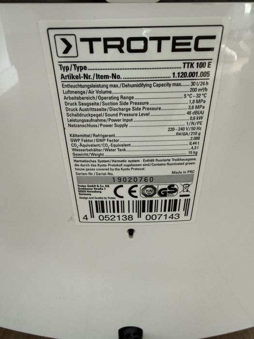 Dezumidificator Trotec TTK100E