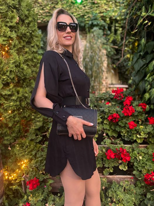 Дамска черна риза рокля  от памучен сатен с отворени ръкави XS-XL