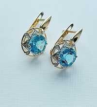 Cercei aur 14k diamante si topaz swiss blue