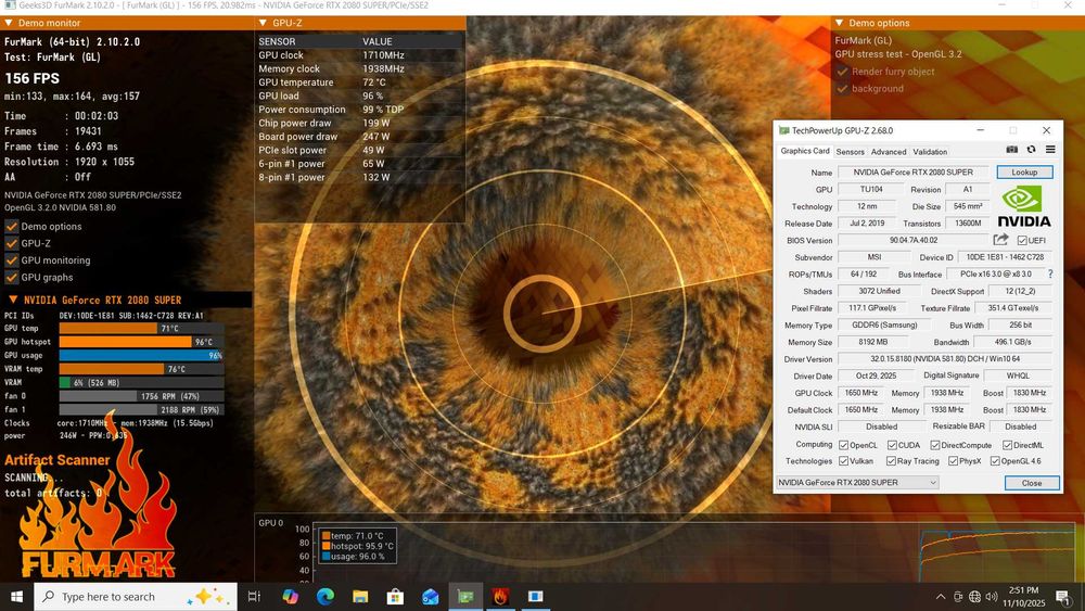 Placa video PCie MSI Ventus OC Nvidia RTX 2080 Super 8Gb DDR6