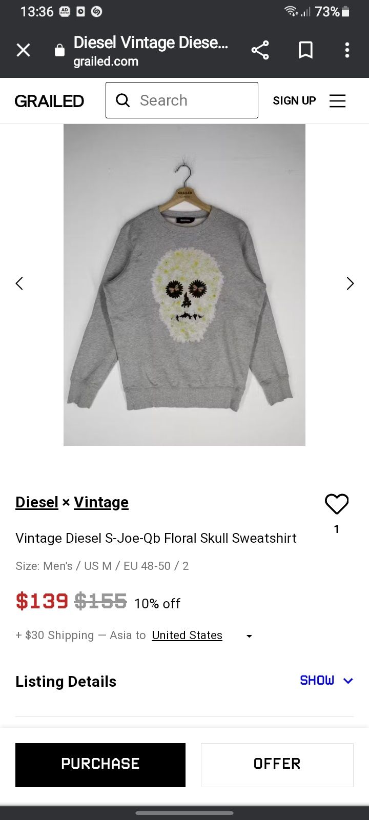 Wts Vintage Diesel S-Joe-Qb Floral Skull Sweatshirt