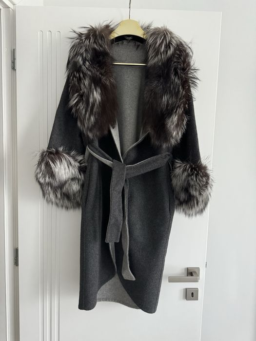 Vand palton lana de alpaca cu blana naturala de vulpe argintie