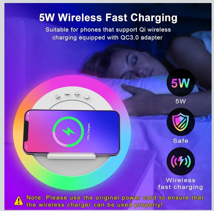 Нощна лампа Bluetooth високоговорител със светлина, безжично зарядно,