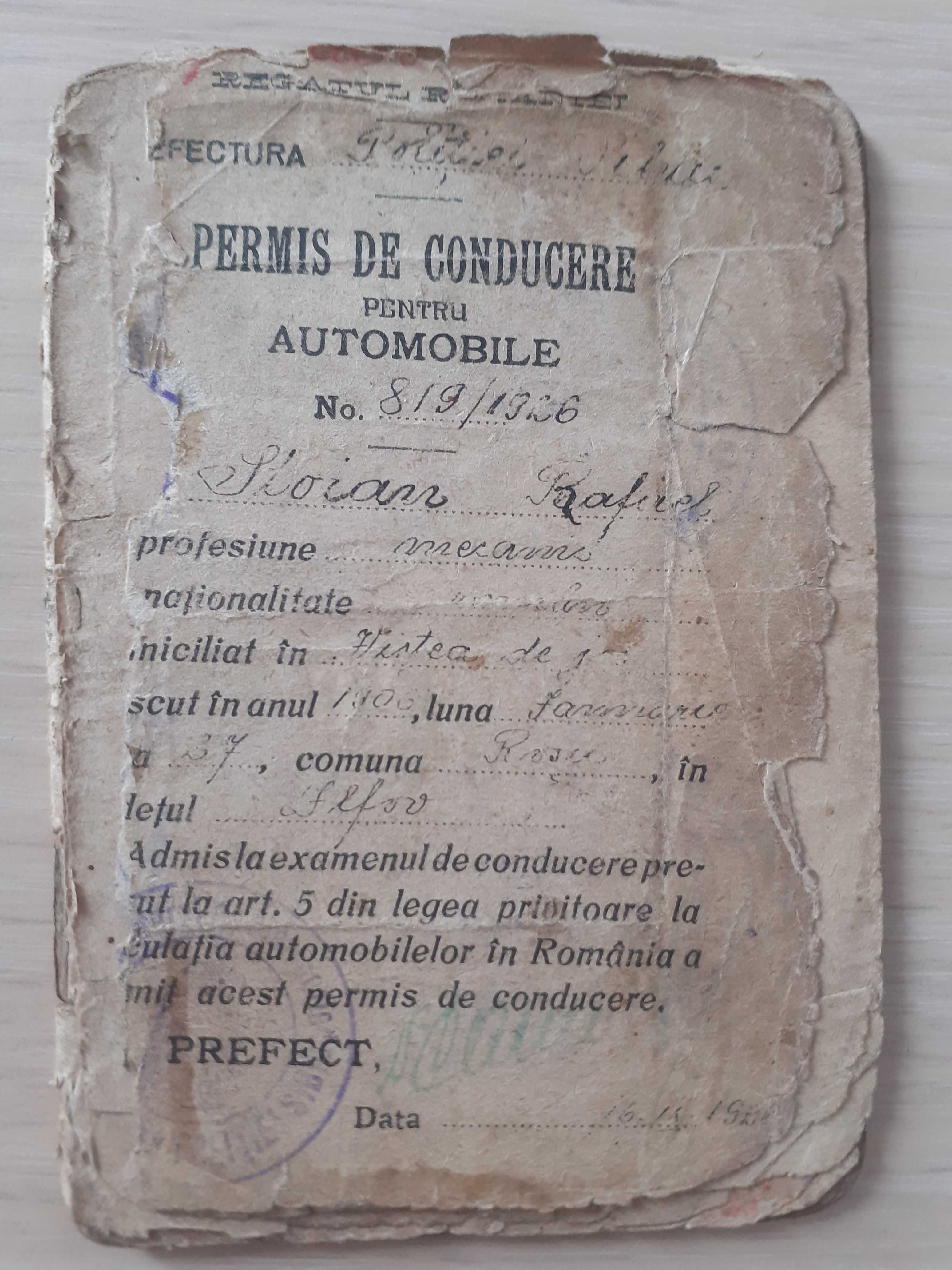 Vand carnet de conducere auto din 1926-domnia regelui Ferdinand I