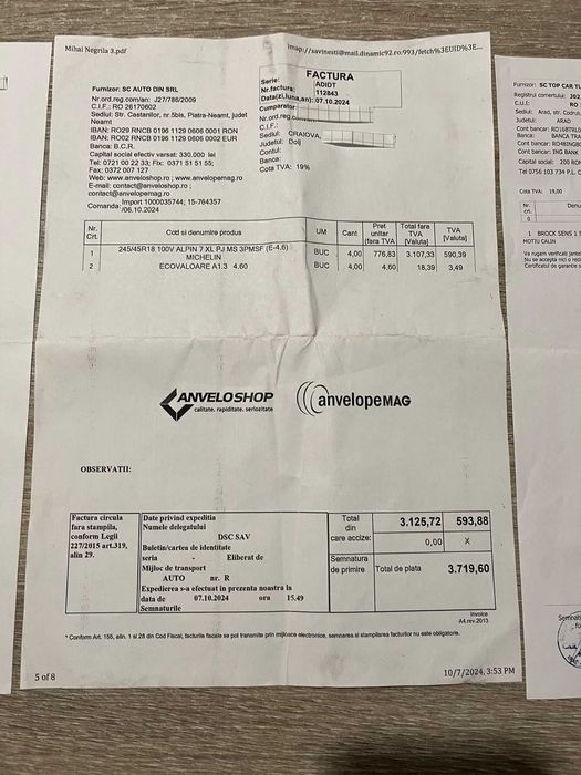 Vand Jante + anvelope iarna + senzori (Michelin Alpin 7 XL 245/45R18)