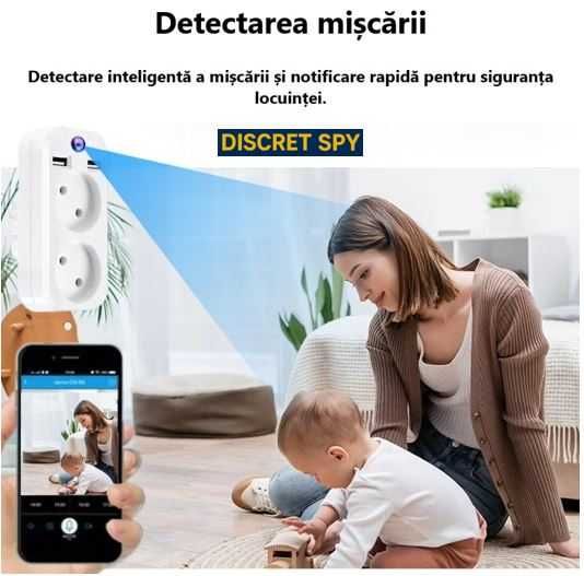 Cameră spion Wi-Fi 1080p ascunsă în adaptor de priză dublu cu USB 
.