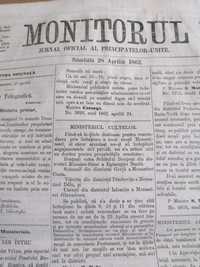 Monitorul ziar oficial Principatele Unite 1862 Cuza colectie