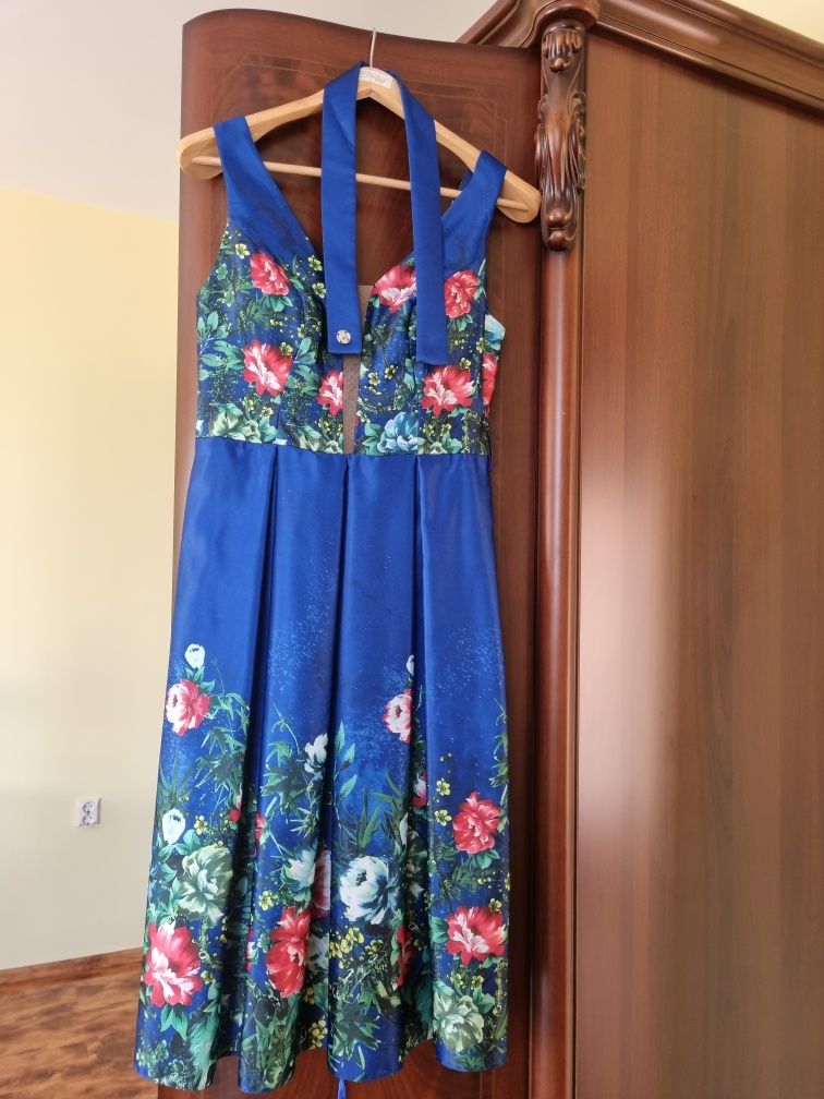 Rochie Starshiners ocazie taftă albastra cu imprimeu floral M-L (Poema