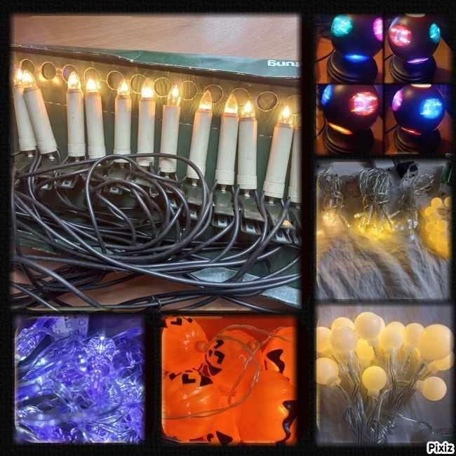 Лампички Хелоуин, коледни свещички, диско топка и др.