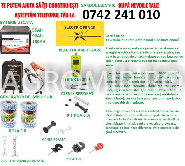 Gard electric kit compelct izolatori baterie panou solar sarma galvani