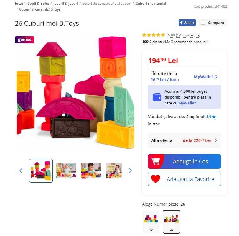Vand jucarii copii, 26 Cuburi moi B.Toys