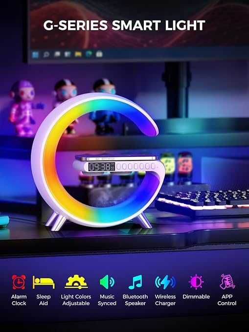 Ceas Lampa LED RGB cu incarcare Wireless, difuzor Bluetooth