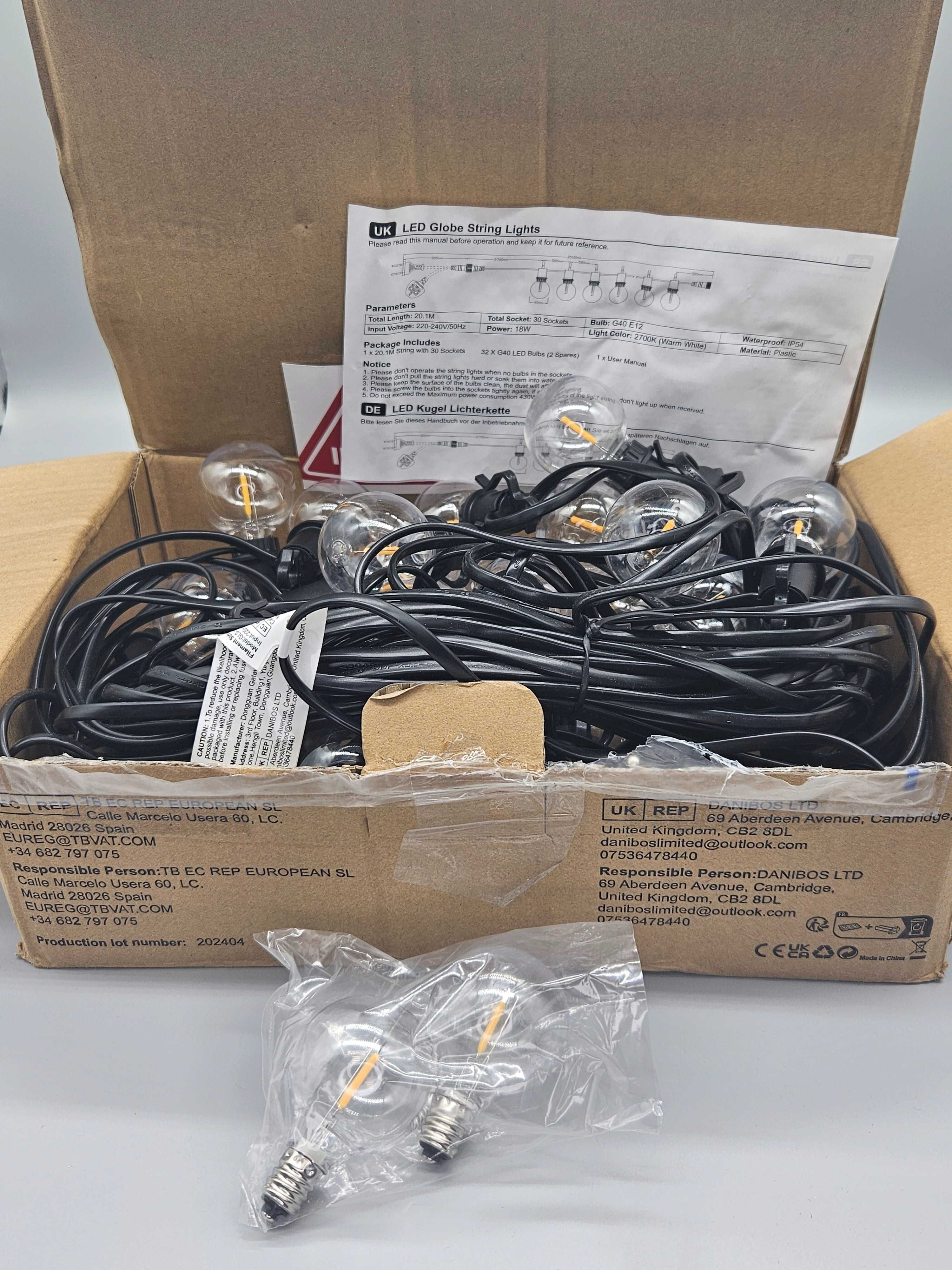 Градински гирлянд с 30 G40 LED лампи + 2 резервни – 20.1 метра, Ip54