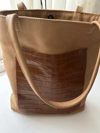 Бежова кожена чанта - ръчна изработка