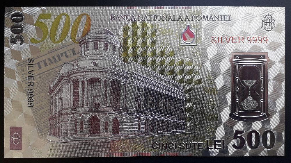 500 Lei 2005 suvenir-Bancnota polymer (plastic) placata cu Argint 999‰