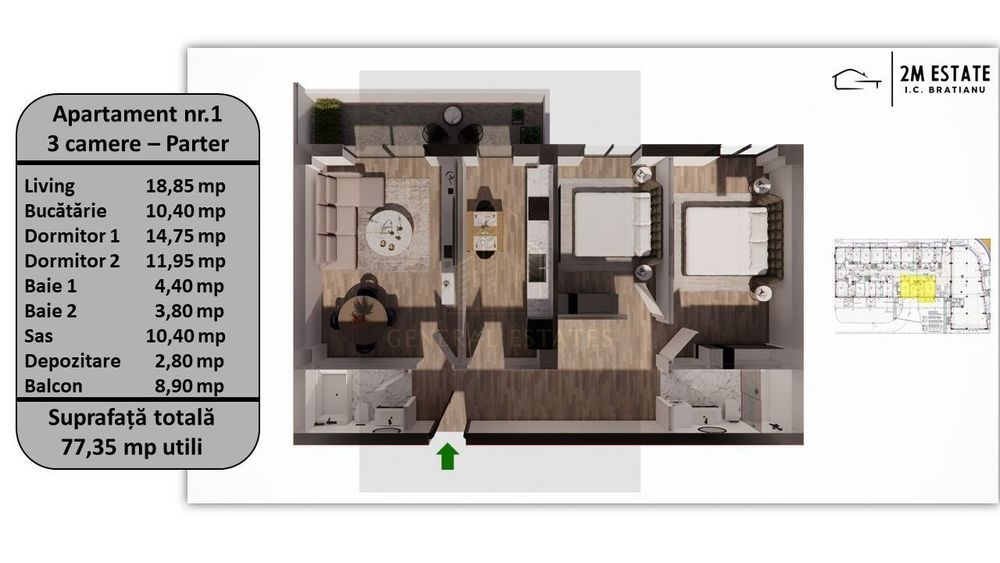 Apartament 3 camere, 75 mp utili + balcon, orientare Estica