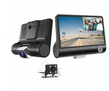 Camera video profesionala auto tripla, full hd, 3 camere, display 4