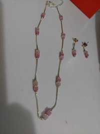 Colier/lant si cercei cu perle roz tubulare