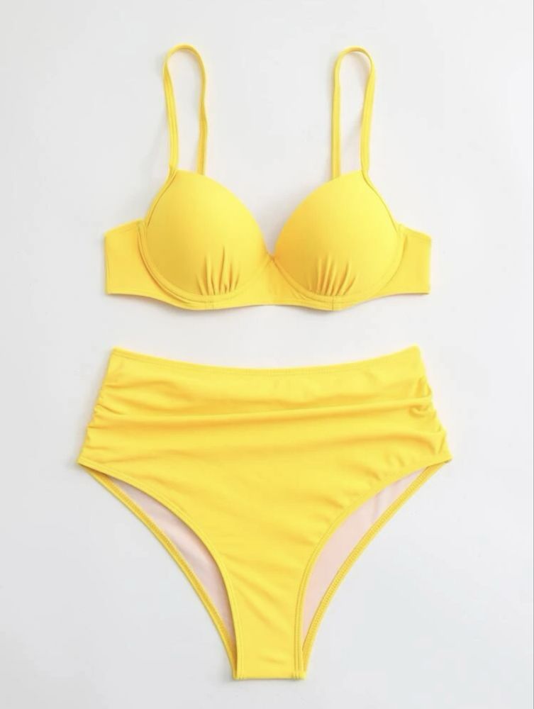 Costum de baie galben cu talie inalta