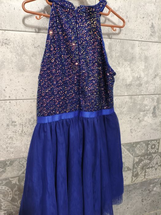 Rochie scurtă elegantă cu paiete Dressystar – halterneck, albastru reg