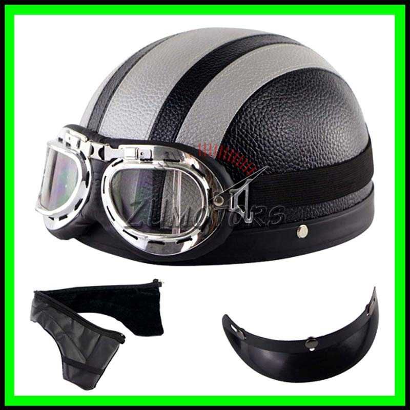 Casca moto Retro scuter Vespa Chopper Piele + Ochelari WW2 - Negru-GRI