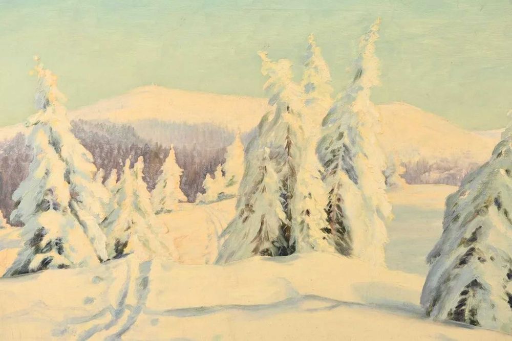 Pictura, peisaj de iarna, tehnica ulei, 49x61 / 39,5x51cm