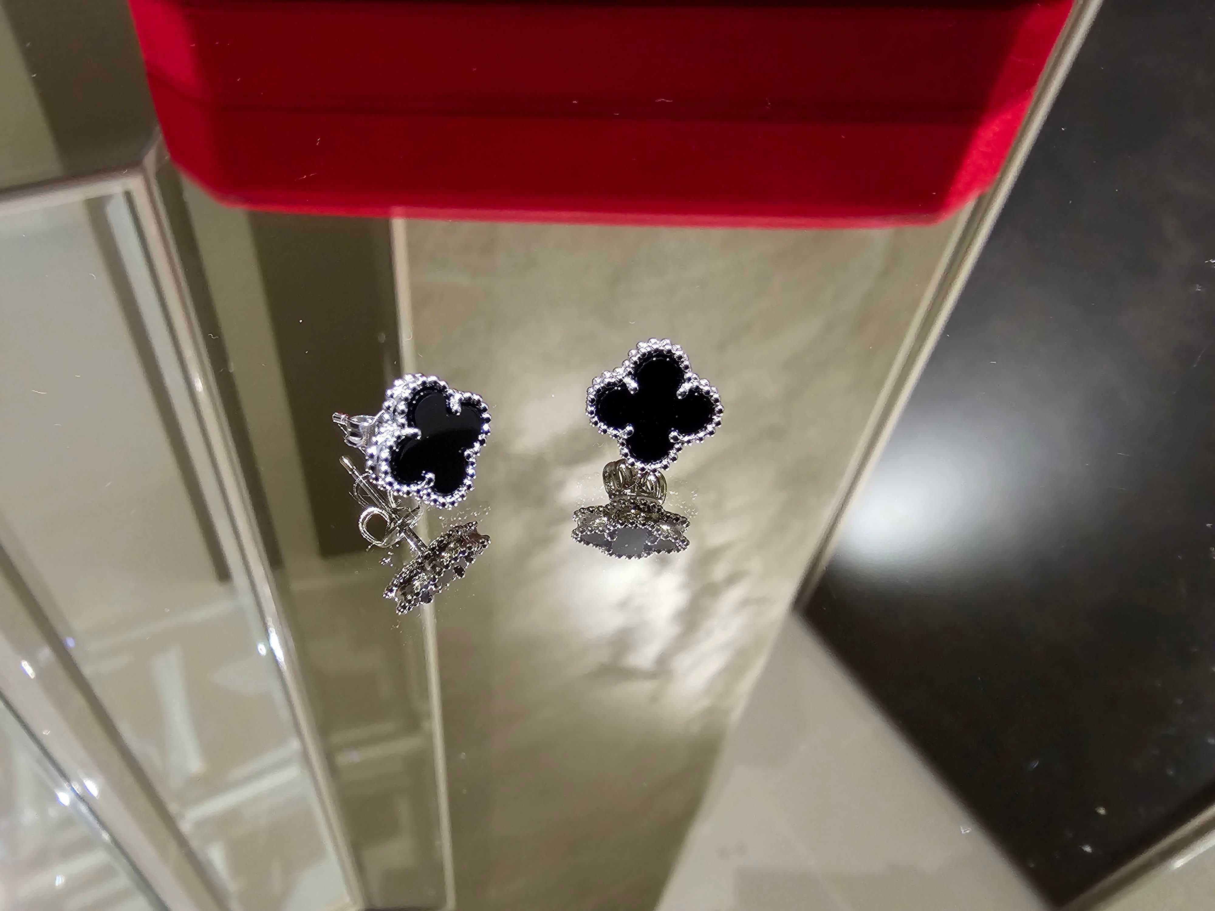 Van Cleef & Arpels VCA Silver Onyx Sweet Alhambra Clover Дамски Обеци