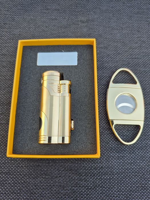 Стилна запалка за пури с лого и подарък резачка в подаръчна кутия