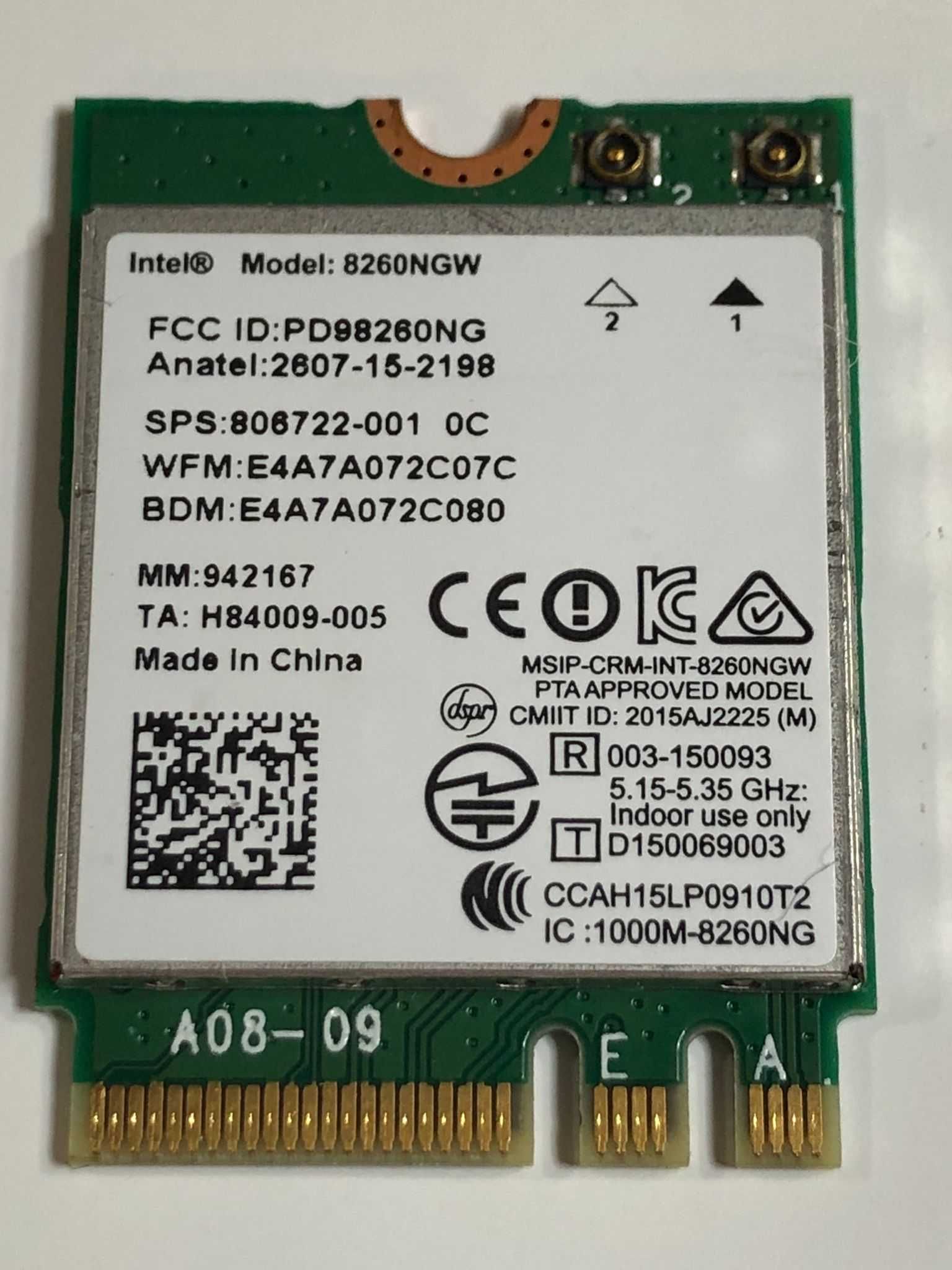 Placa WI-FI SH Intel 8260ngw Dual Band Wireless AC 867Mbps